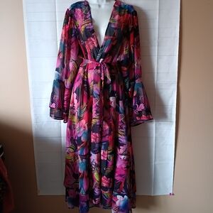 TORRID Floral Rufgle Semi Sheer Belted Long Kimono Cover Up  2X